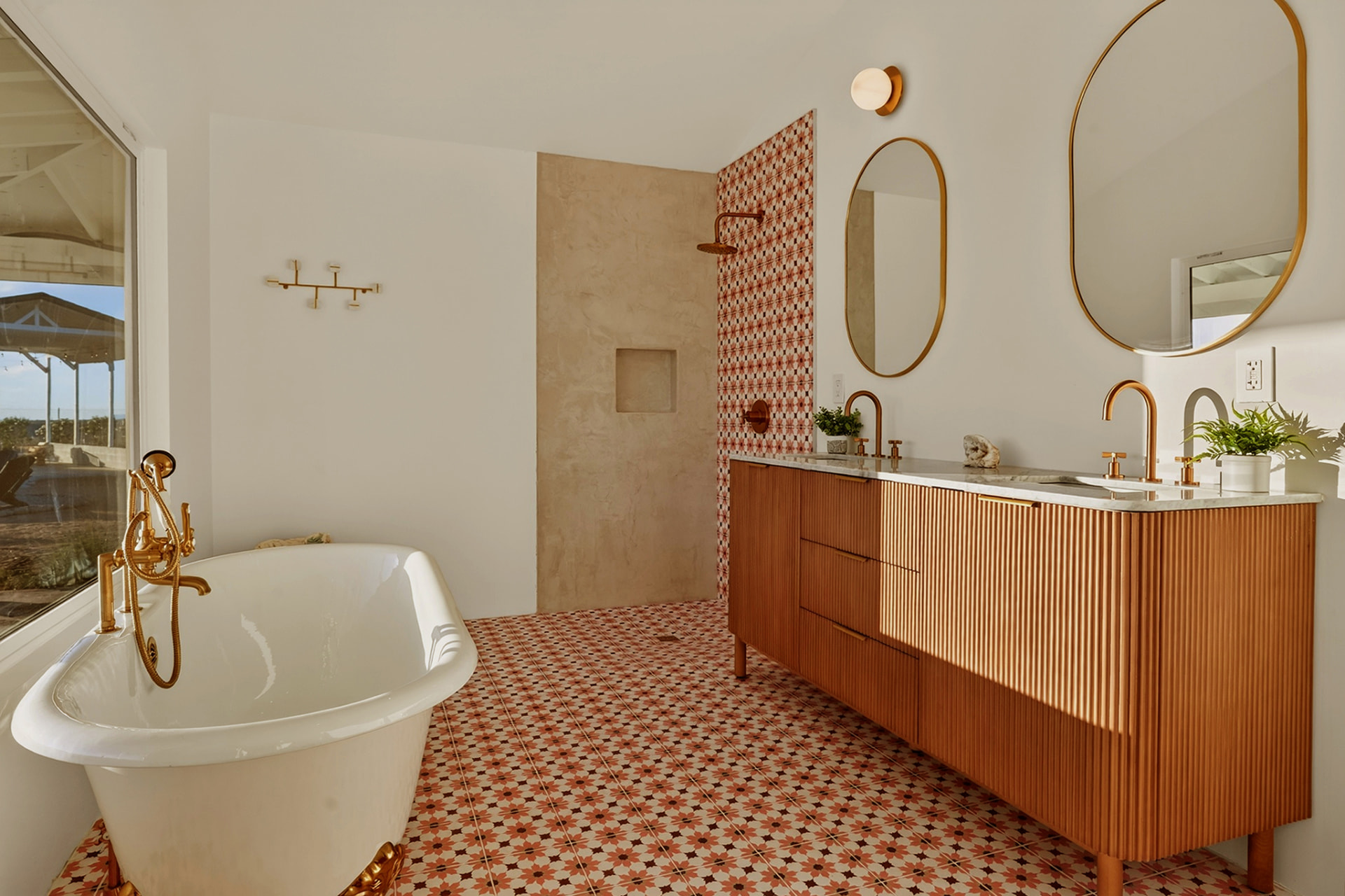 Bathroom with soaking tub, vanity, and walk-in shower